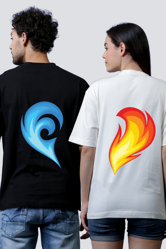 Elemental Affinity: 'Wave & Ember' Oversized Couple T-Shirts (Pack of 2)