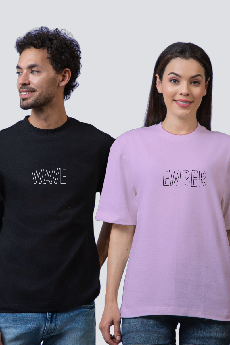 Elemental Affinity: 'Wave & Ember' Oversized Couple T-Shirts (Pack of 2)