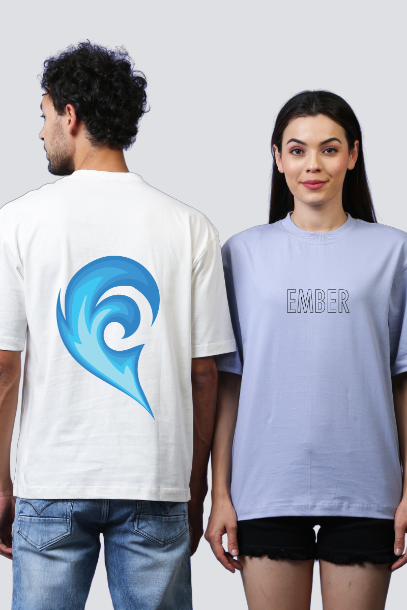 Elemental Affinity: 'Wave & Ember' Oversized Couple T-Shirts (Pack of 2)