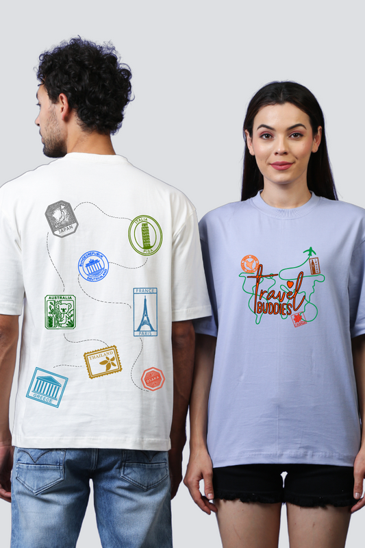 Travel Buddies' Stamp Collection Oversized Couple T-Shirts (Pack of 2)