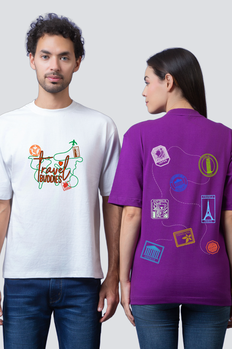 Travel Buddies' Stamp Collection Oversized Couple T-Shirts (Pack of 2)