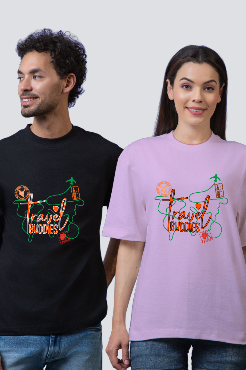 Travel Buddies' Stamp Collection Oversized Couple T-Shirts (Pack of 2)