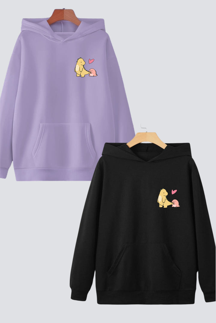 Dino Love Black & Lilac Oversized Drop Shoulder Hoodies - Pack of 2