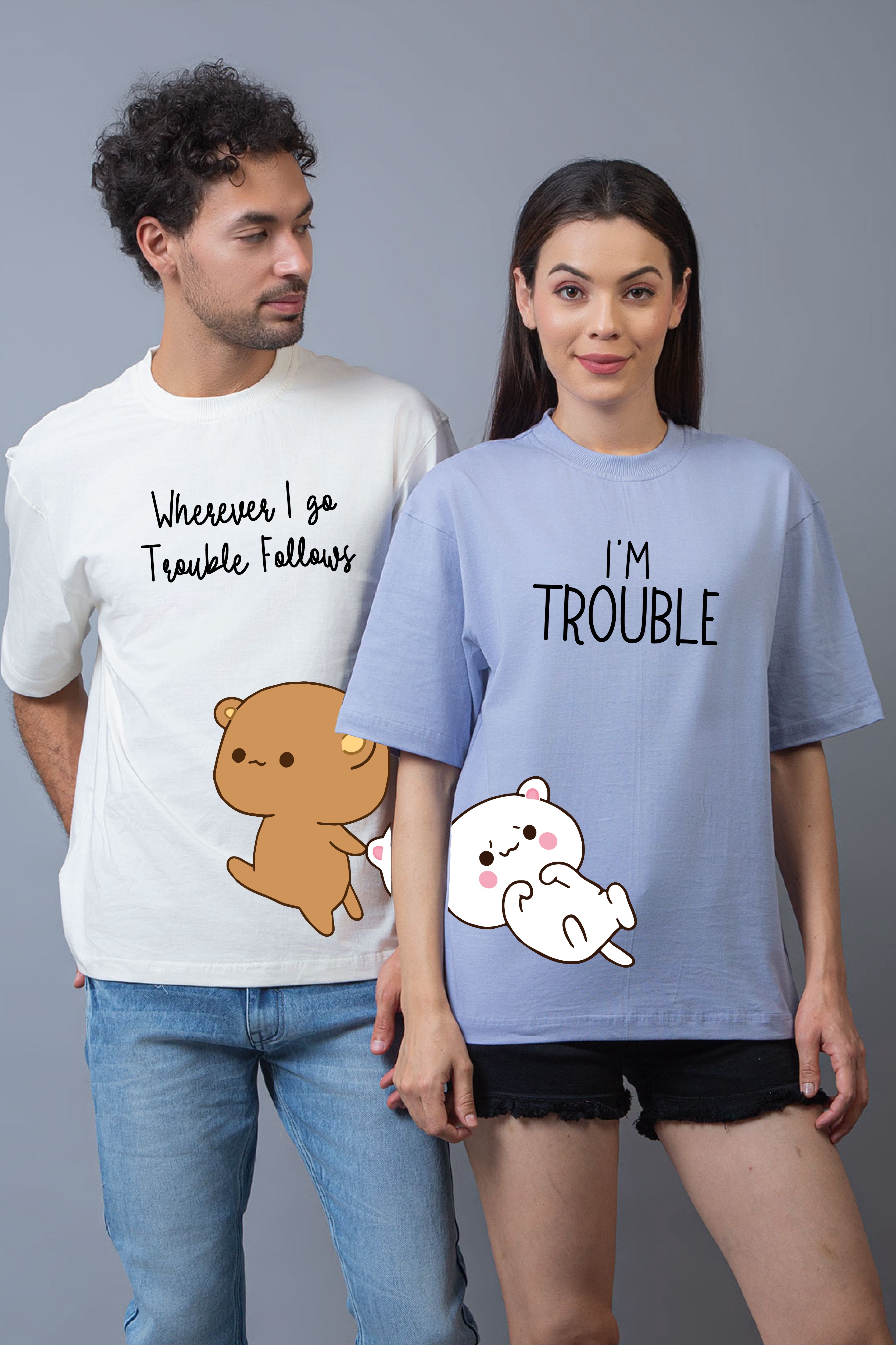 Playful Partners: 'Trouble Duo' Oversized Couple T-Shirts (Pack of 2)