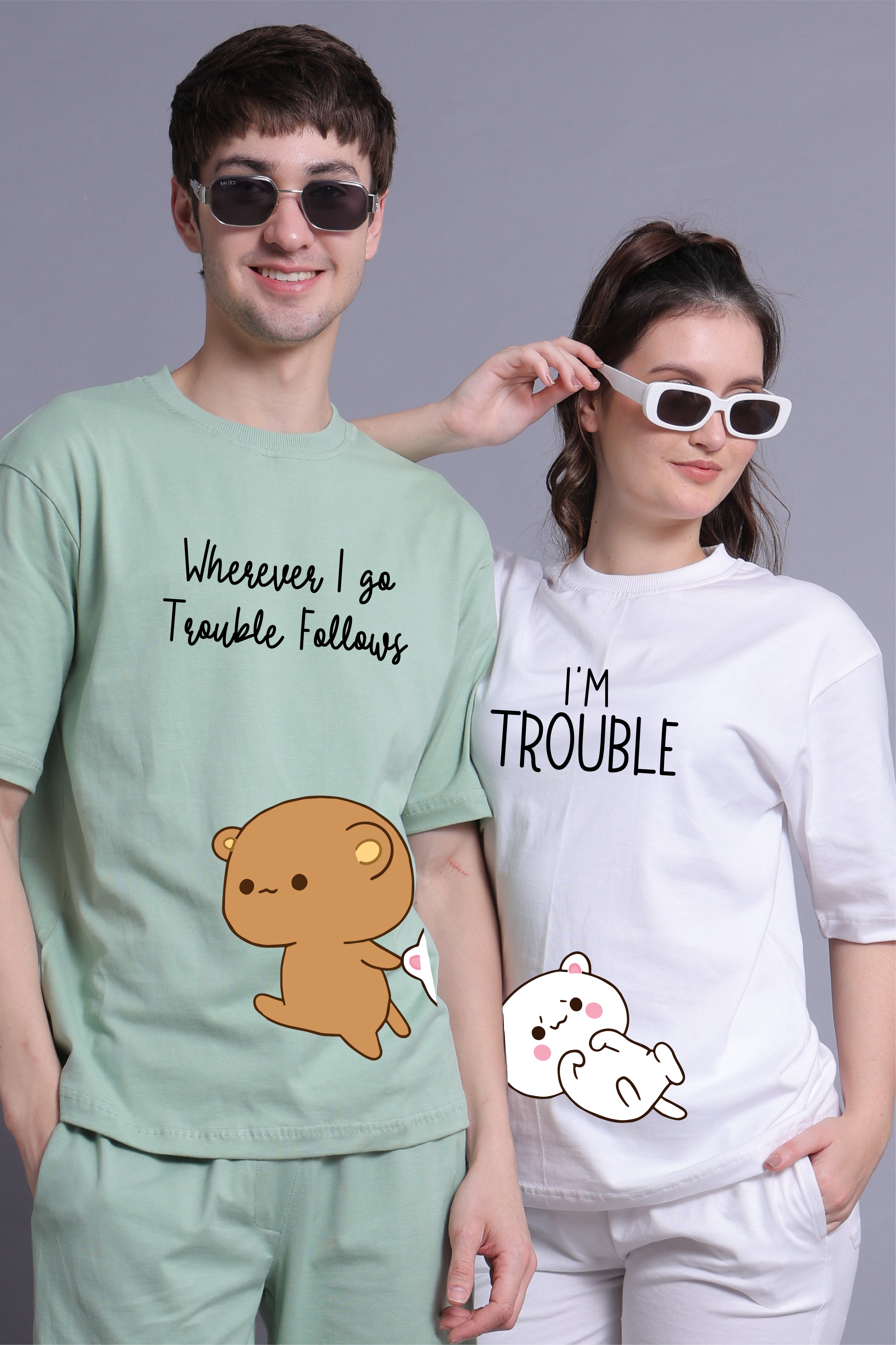 Playful Partners: 'Trouble Duo' Oversized Couple T-Shirts (Pack of 2)