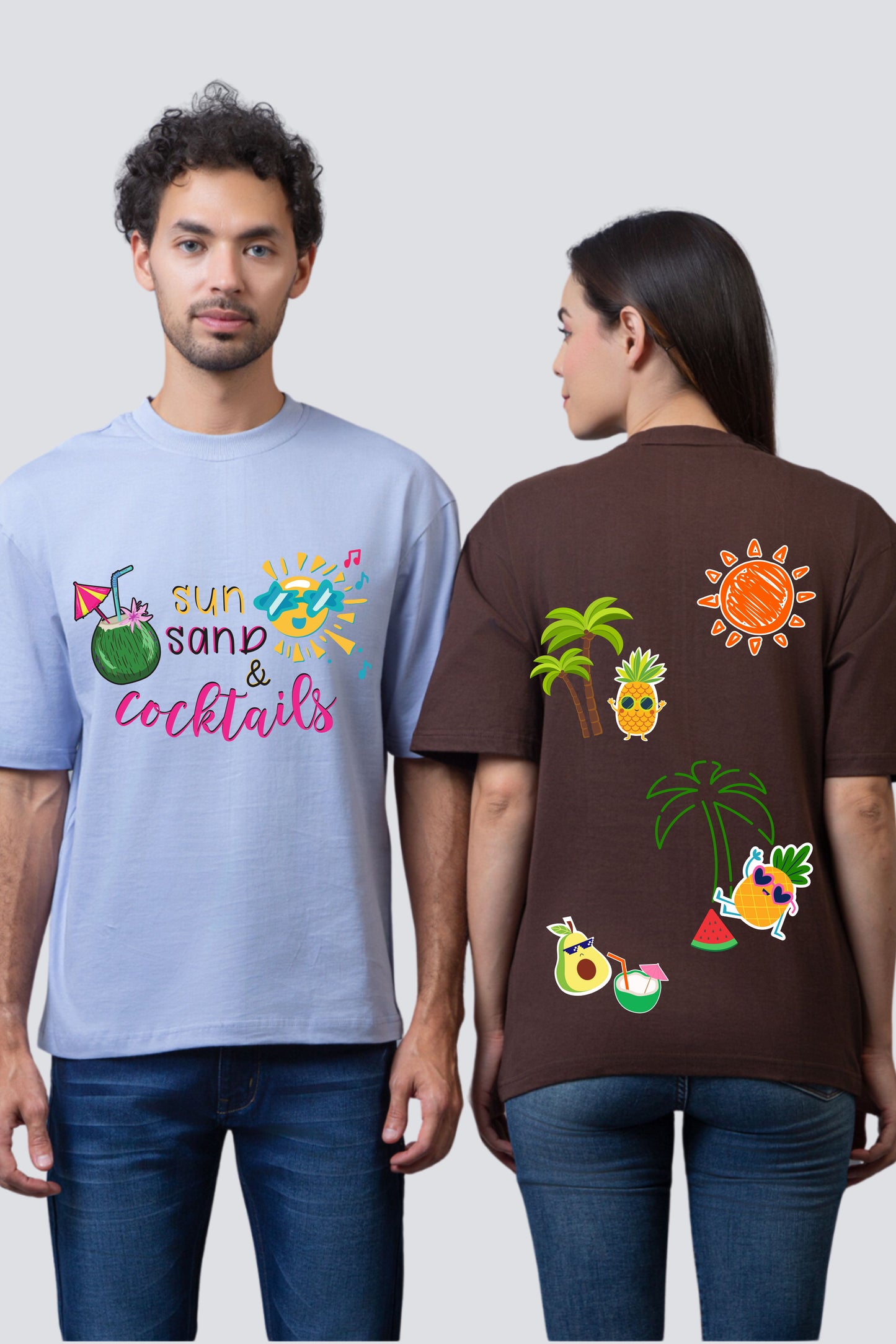 Beach Vibes: 'Sun, Sand & Cocktails' Oversized Couple T-Shirts (Pack of 2)