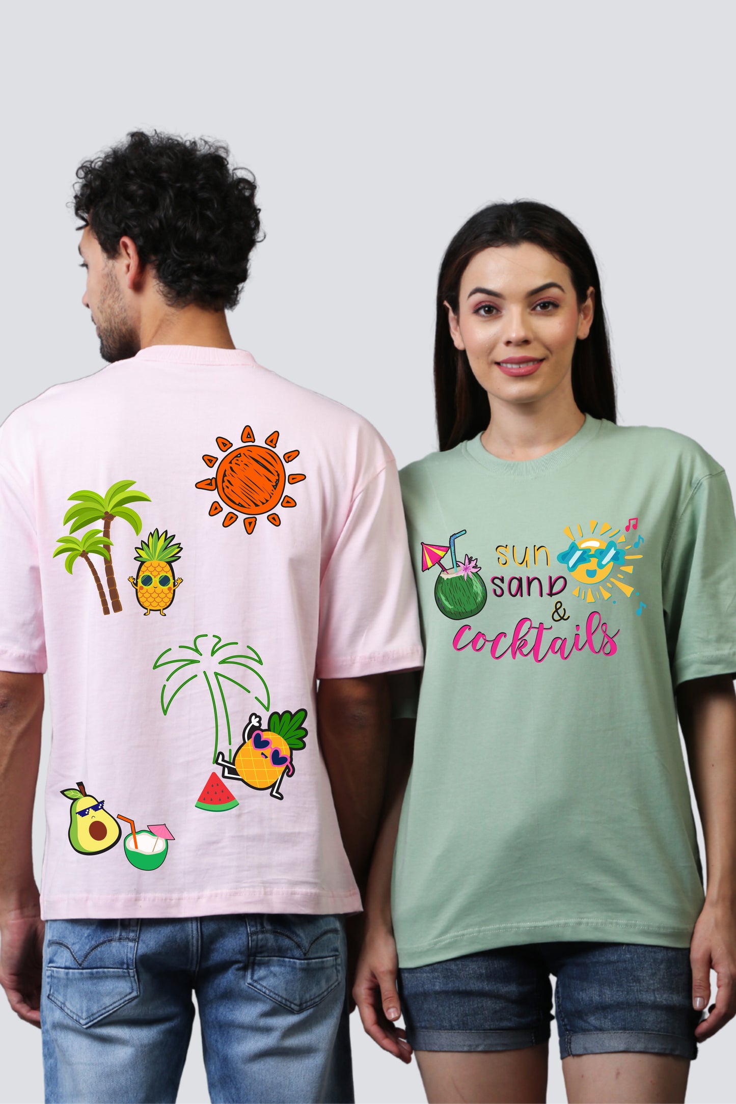 Beach Vibes: 'Sun, Sand & Cocktails' Oversized Couple T-Shirts (Pack of 2)