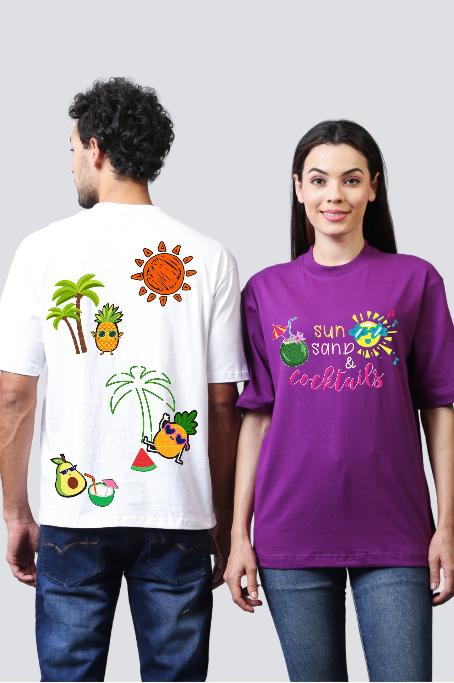 Beach Vibes: 'Sun, Sand & Cocktails' Oversized Couple T-Shirts (Pack of 2)