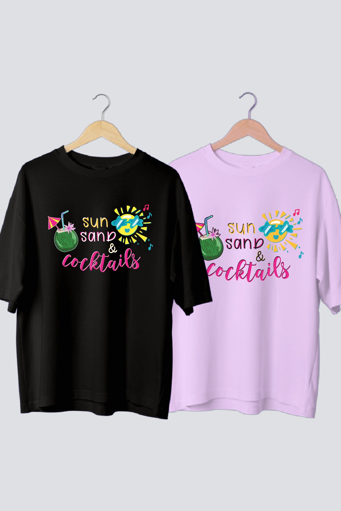 Beach Vibes: 'Sun, Sand & Cocktails' Oversized Couple T-Shirts (Pack of 2)