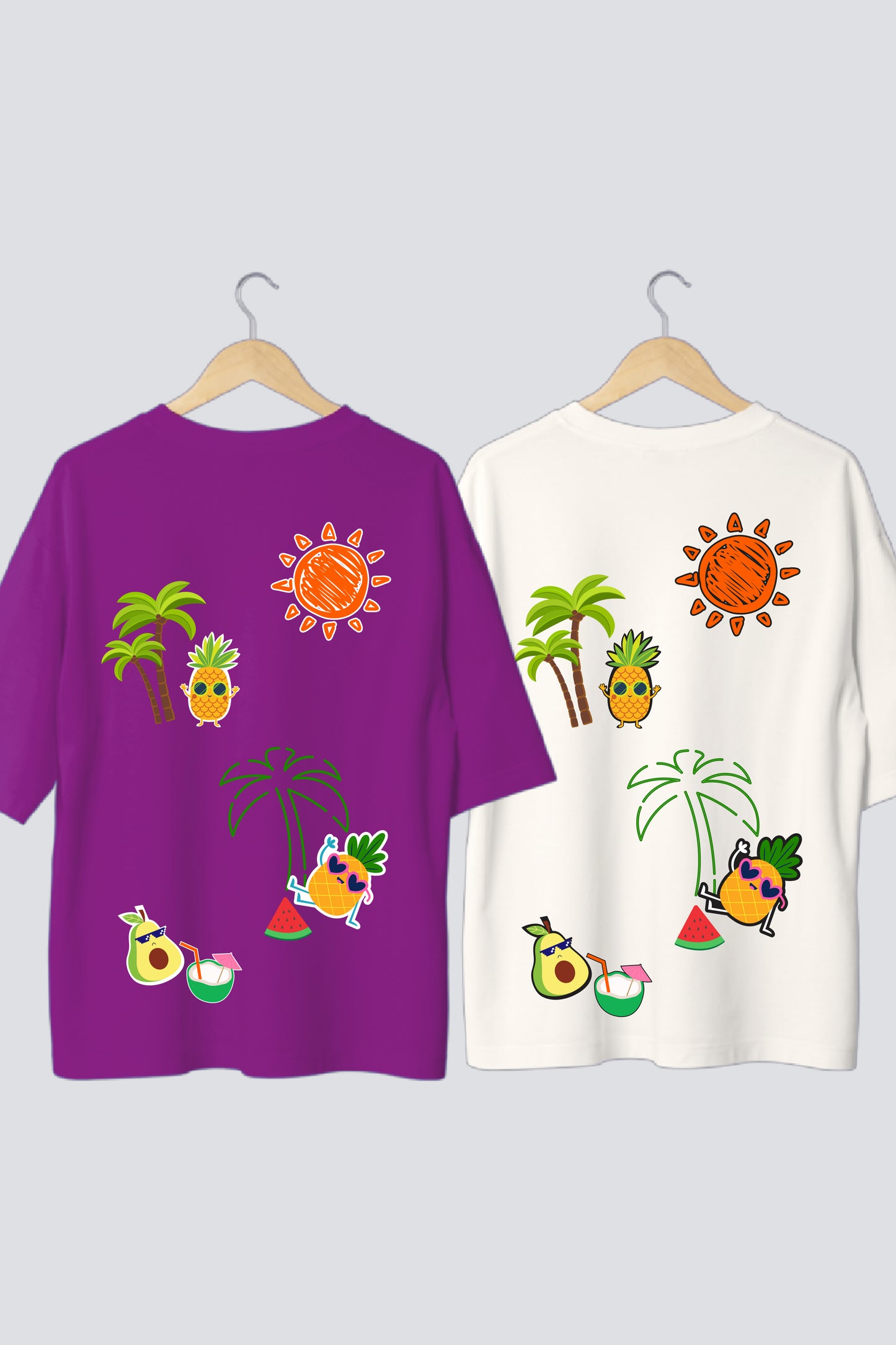 Beach Vibes: 'Sun, Sand & Cocktails' Oversized Couple T-Shirts (Pack of 2)