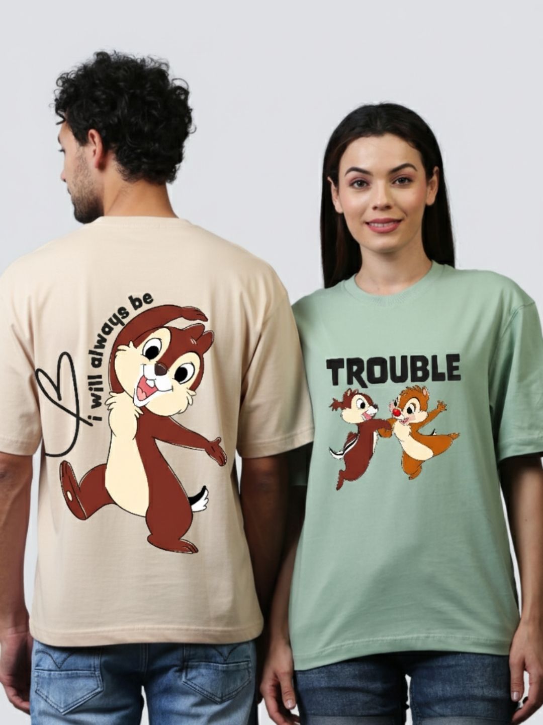 Double Trouble Beige & Green Oversized Couple T-Shirts (Pack of 2)