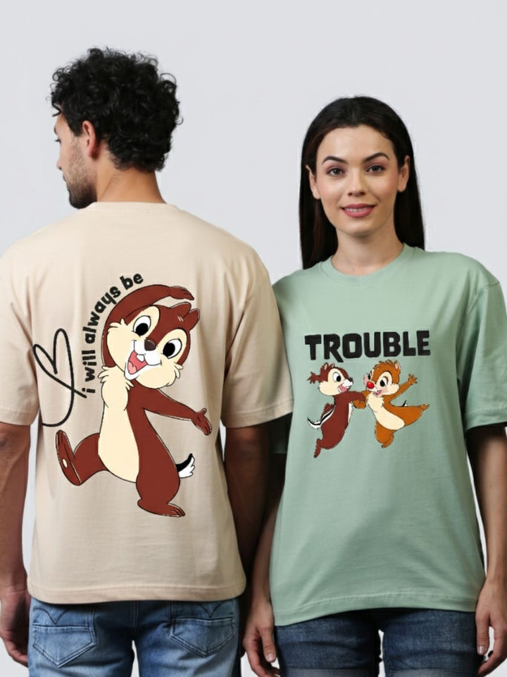 Double Trouble Beige & Green Oversized Couple T-Shirts (Pack of 2)