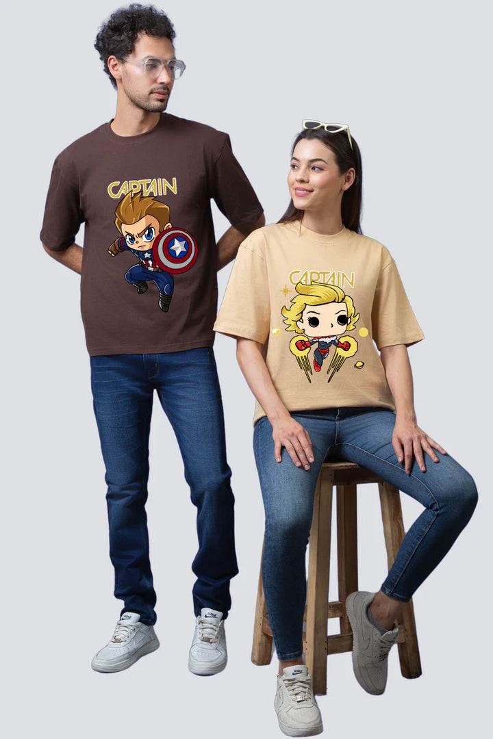 Heroic Duo Brown & Beige Oversized Couple T-Shirts (Pack of 2)