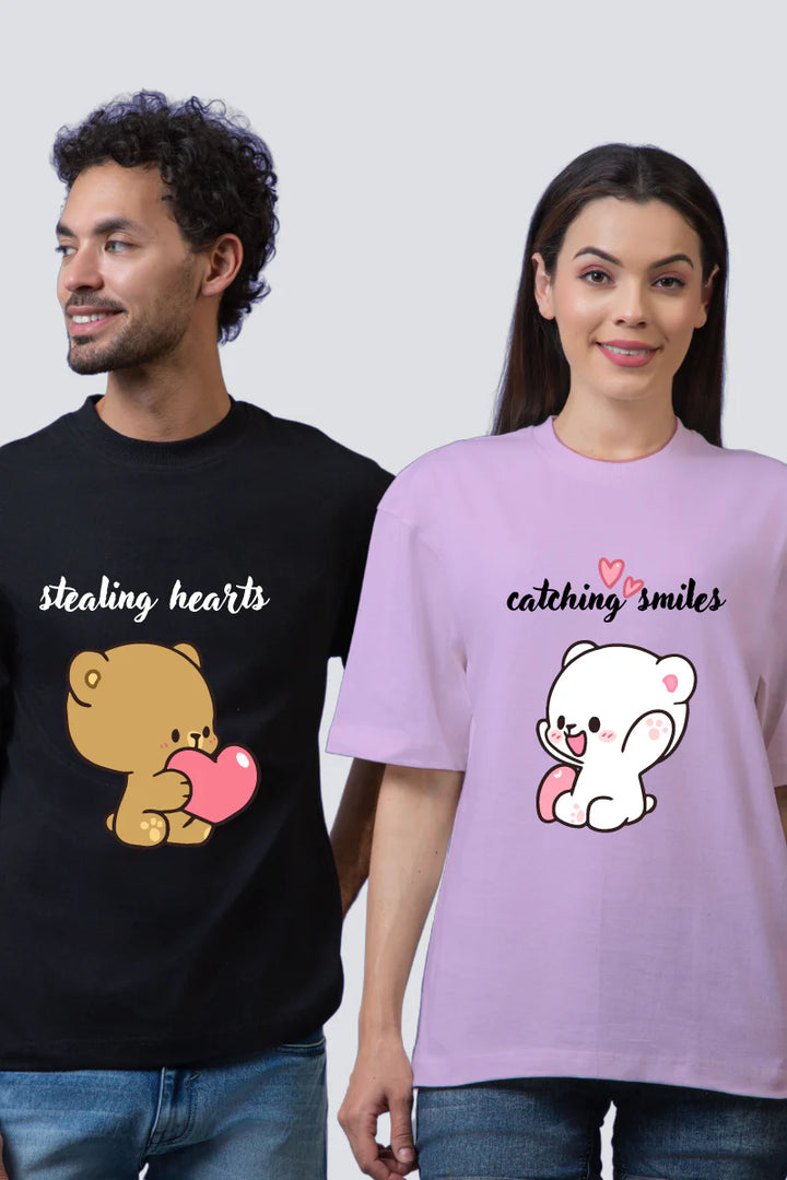 Milk & Mocha Black & Lilac Oversized Couple T-Shirts (Pack of 2)