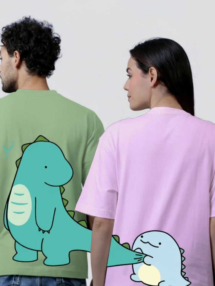 Dino Duo Pastel Green & Lilac Oversized Couple T-Shirts (Pack of 2)