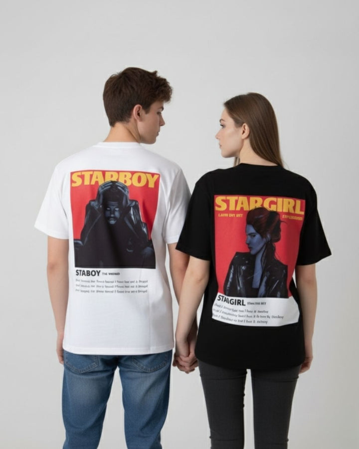 Starboy and Stargirl White & Black Oversized Couple T-Shirts (Pack of 2)