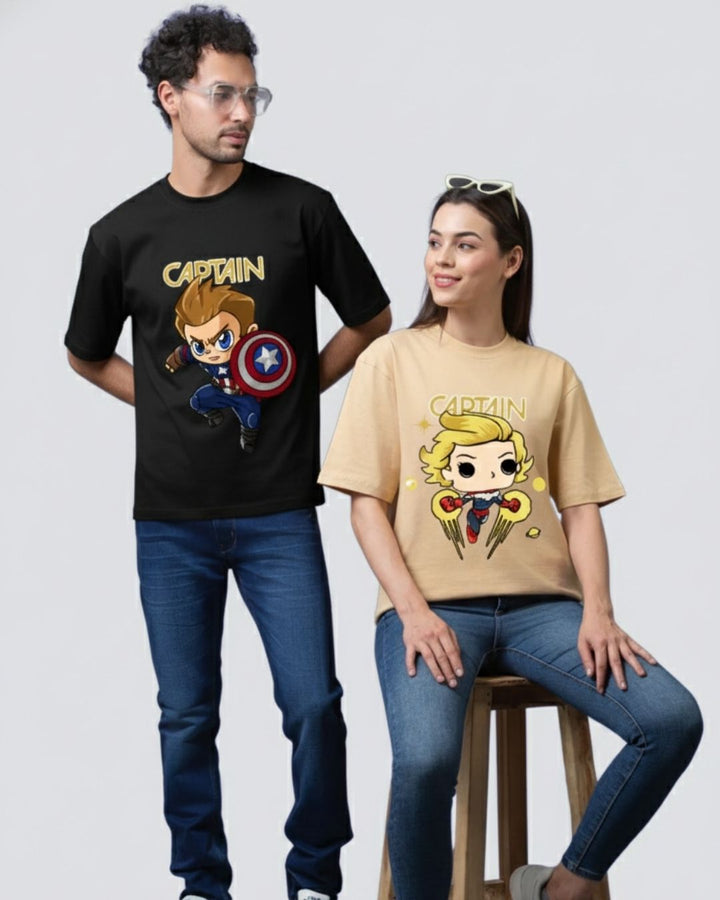Heroic Duo Black & Beige Oversized Couple T-Shirts (Pack of 2)