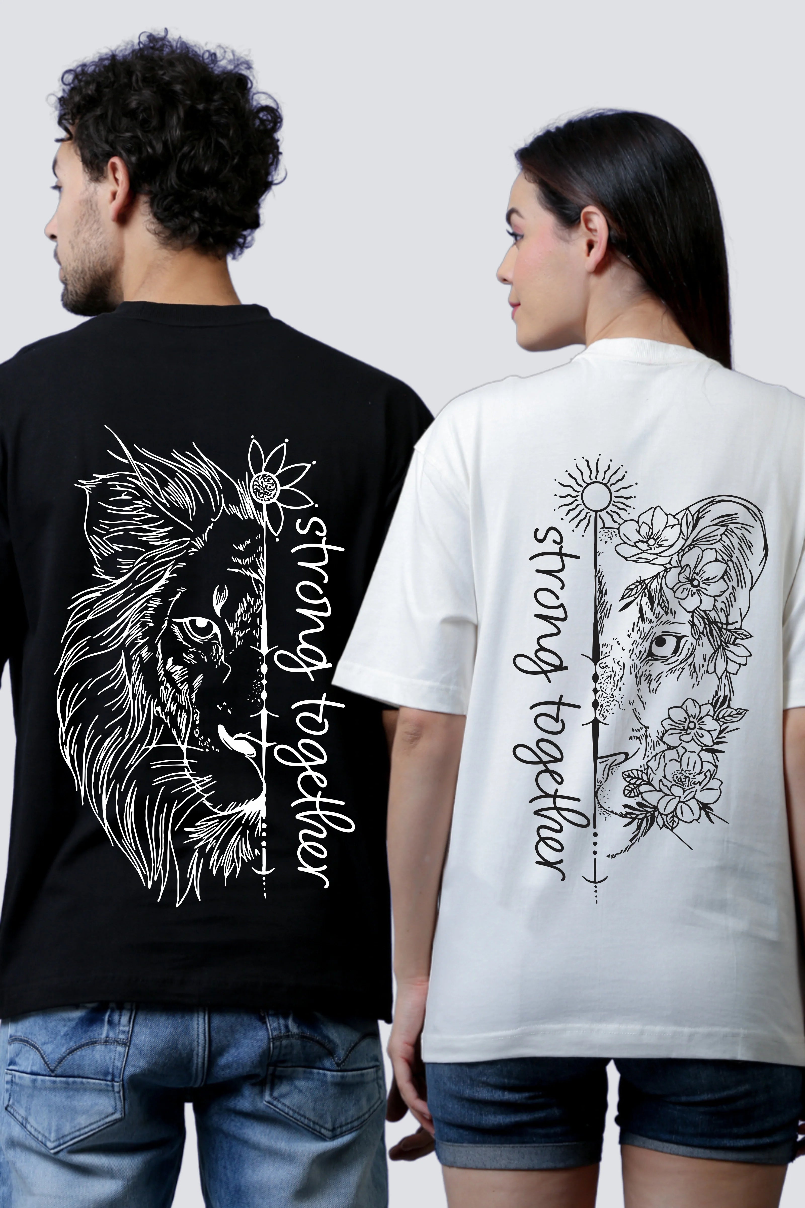 Strong Together White & Black Oversized Couple T-Shirts (Pack of 2)