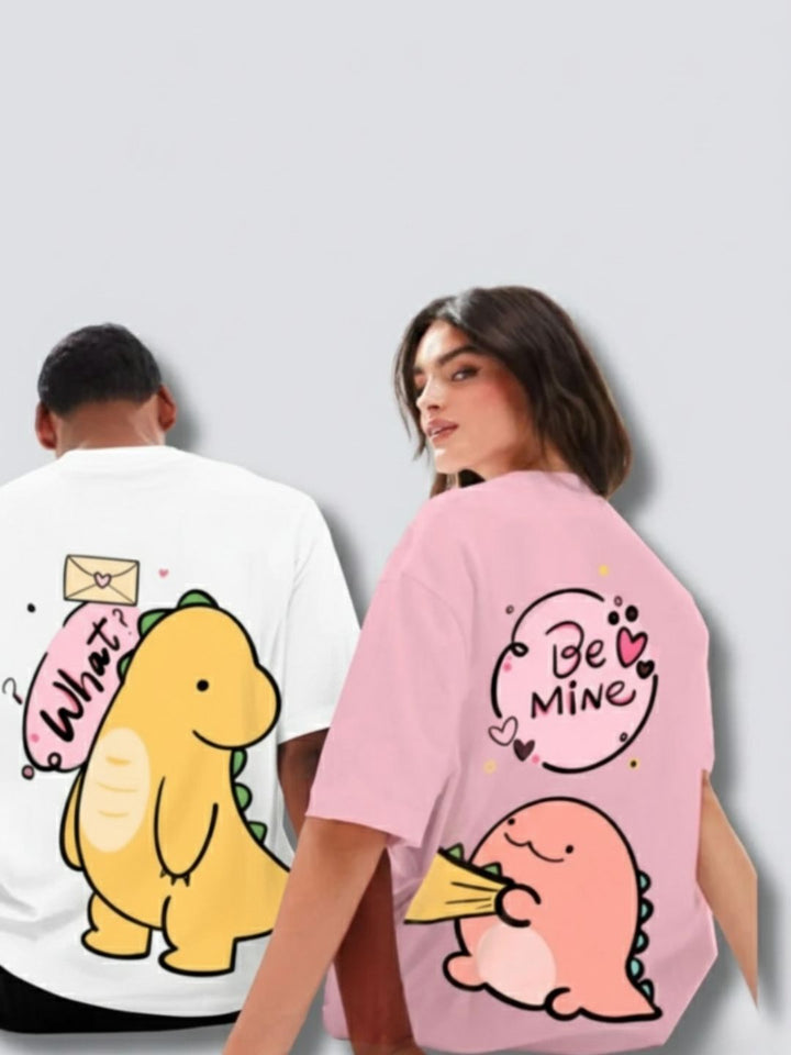 Dino love White & Pink Oversized Couple T-Shirts (Pack of 2)