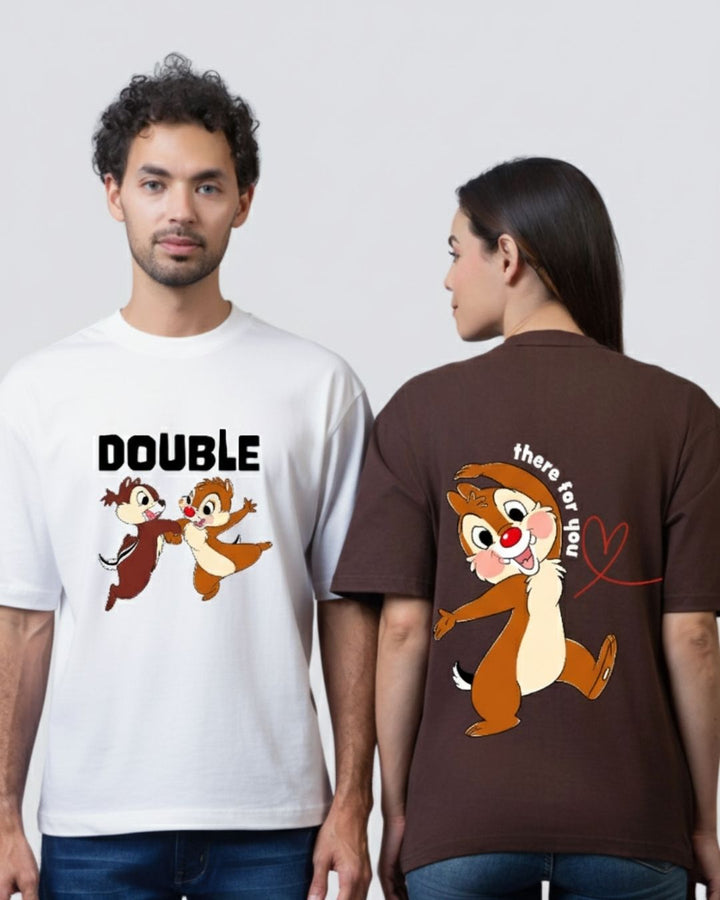 Double Trouble White & Brown Oversized Couple T-Shirts (Pack of 2)