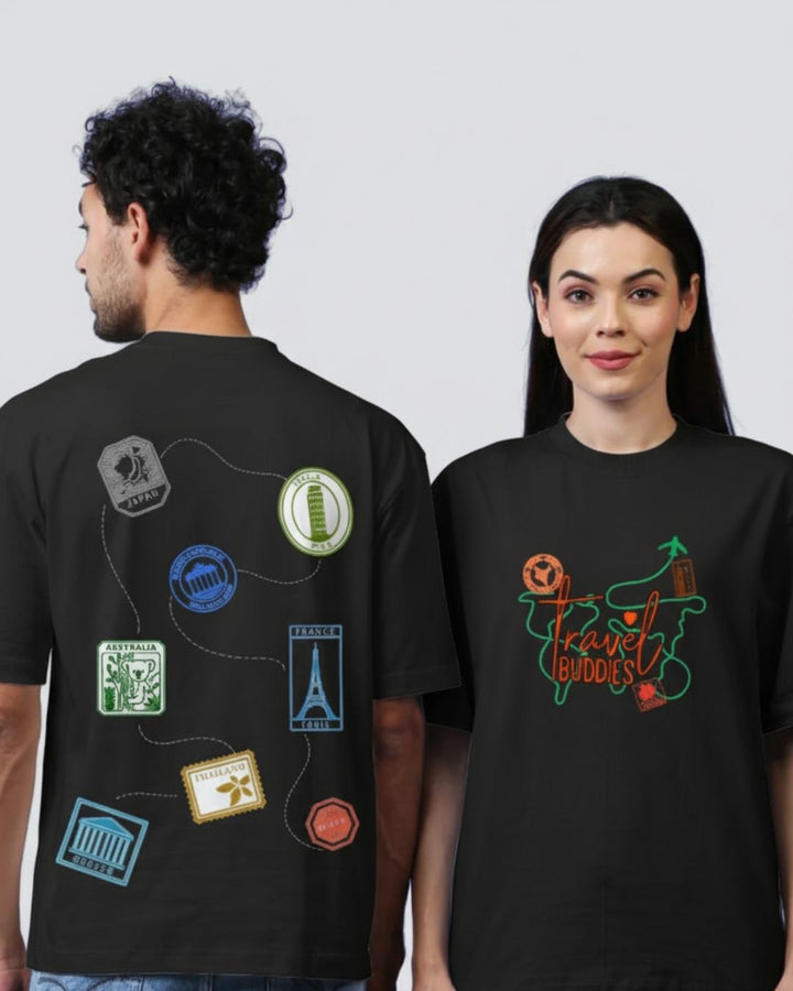 Travel Buddies' Stamp Collection Oversized Couple T-Shirts (Pack of 2)
