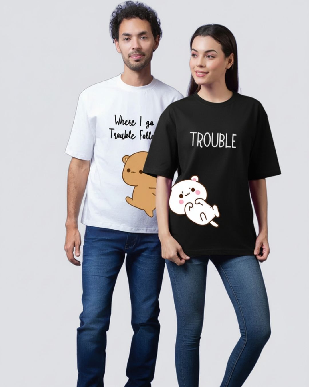 Trouble White & Black Oversized Couple T-Shirts (Pack of 2)