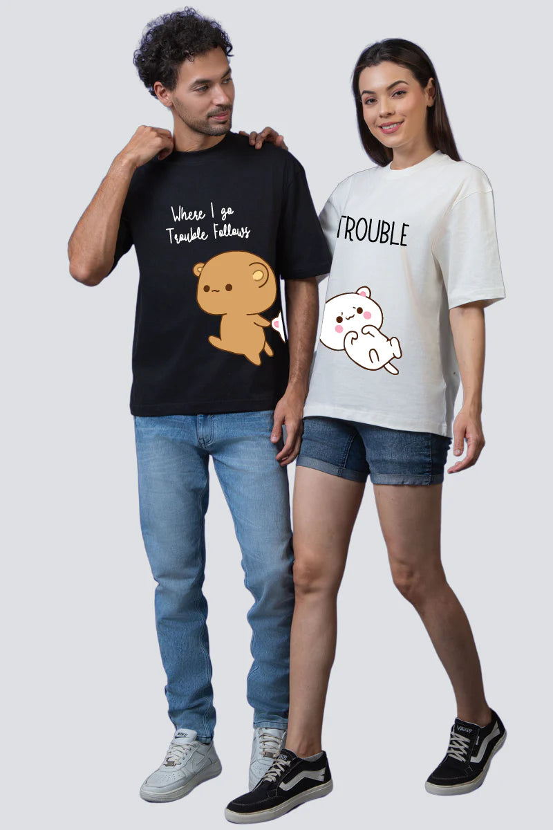 Trouble Off White & Black Oversized Couple T-Shirts (Pack of 2)