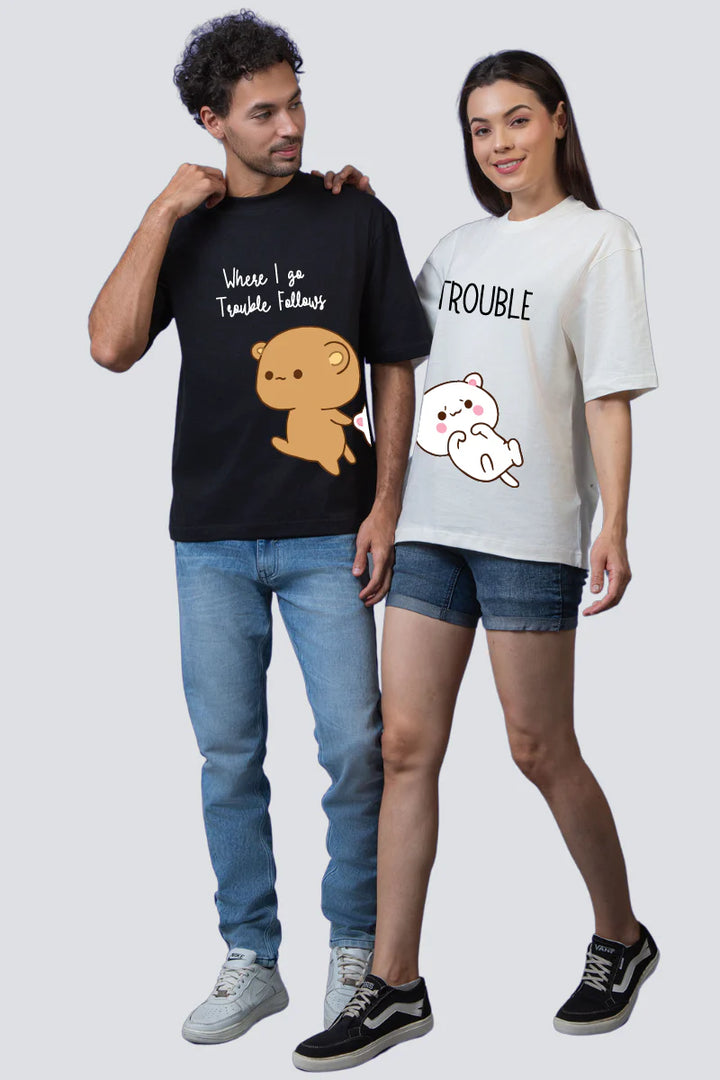 Trouble Off White & Black Oversized Couple T-Shirts (Pack of 2)