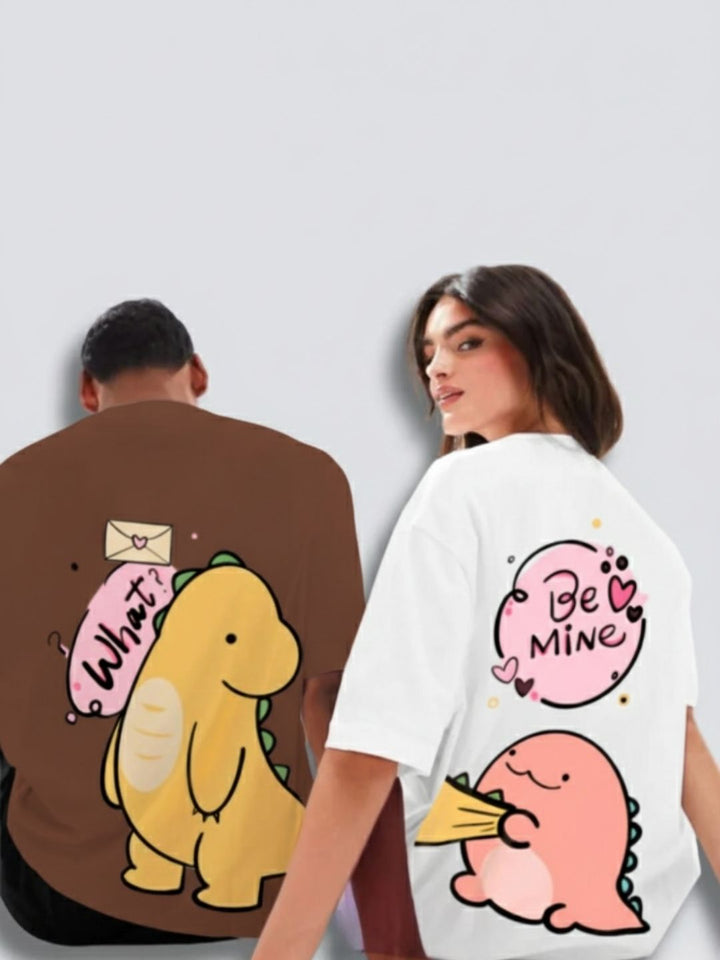 Dino love White & Brown Oversized Couple T-Shirts (Pack of 2)