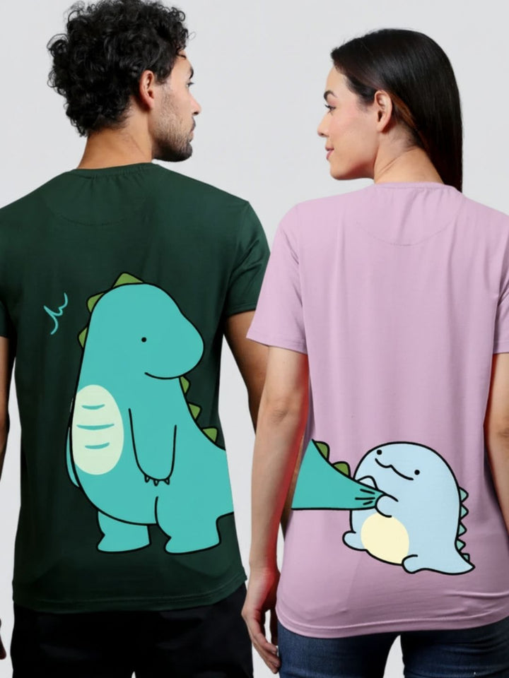 Dino Duo Green & Lilac Oversized Couple T-Shirts (Pack of 2)