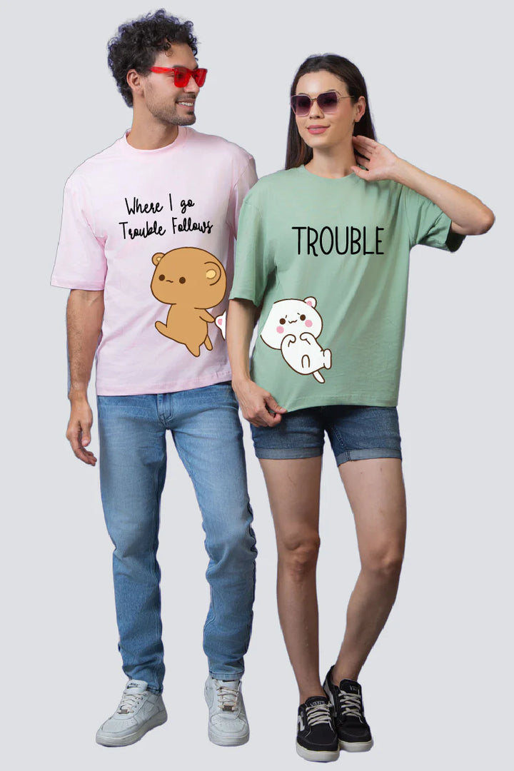 Trouble Pink & Green Oversized Couple T-Shirts (Pack of 2)