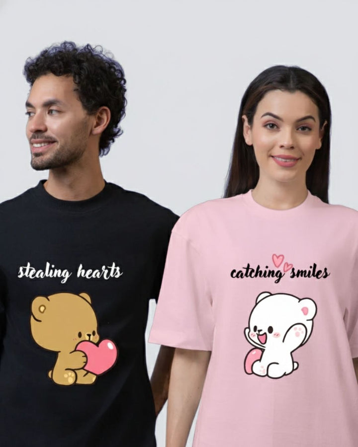 Milk & Mocha Black & Pink Oversized Couple T-Shirts (Pack of 2)