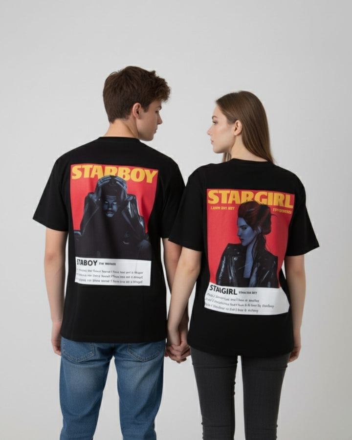 Starboy and Stargirl Black Oversized Couple T-Shirts (Pack of 2)