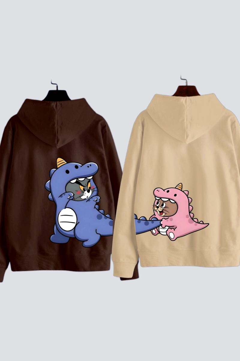 Dino Tom & Jerry Couple Oversized Drop Shoulder Hoodies - Pack of 2 (Back Design)