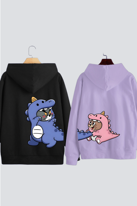 Dino Tom & Jerry Couple Oversized Drop Shoulder Hoodies - Pack of 2 (Back Design)