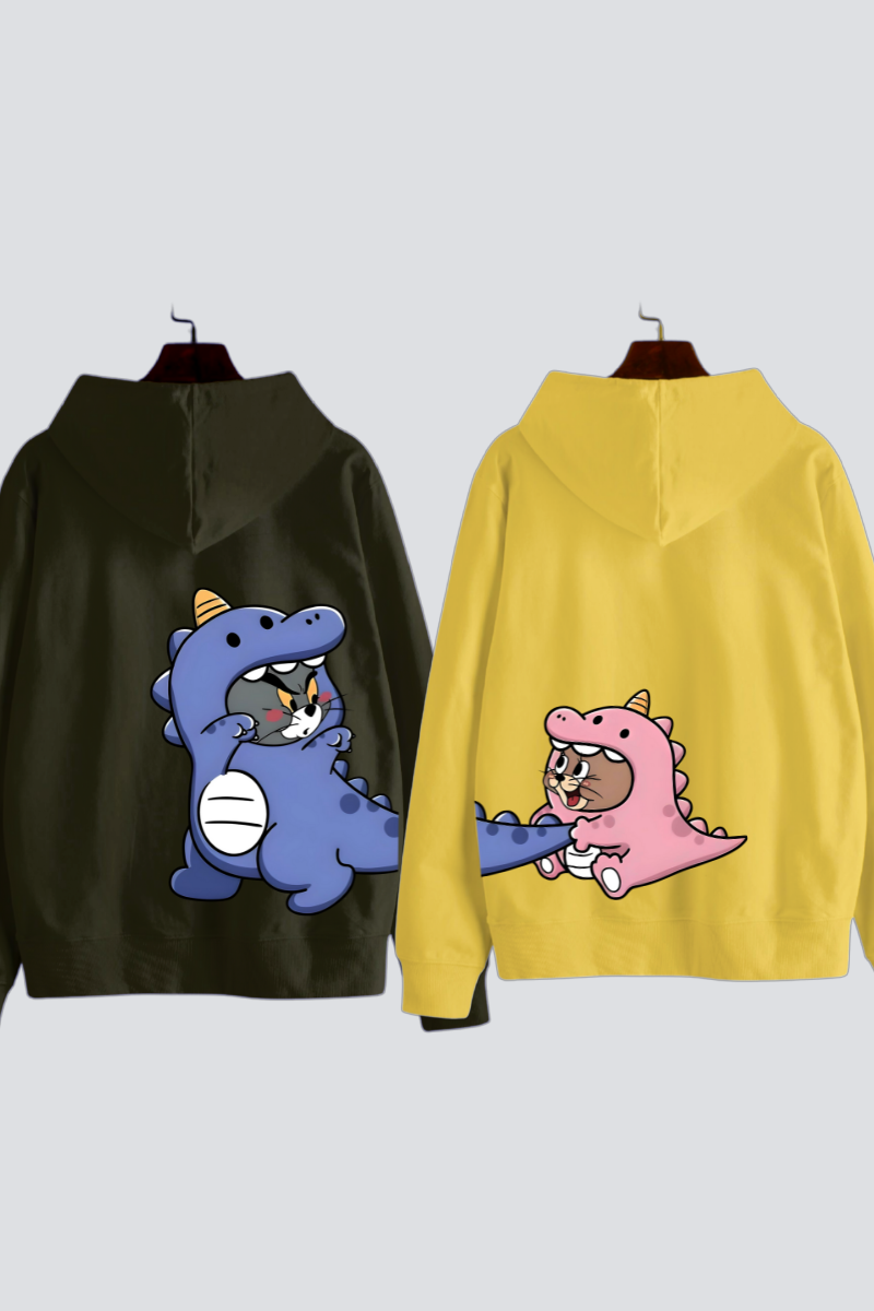 Dino Tom & Jerry Couple Oversized Drop Shoulder Hoodies - Pack of 2 (Back Design)