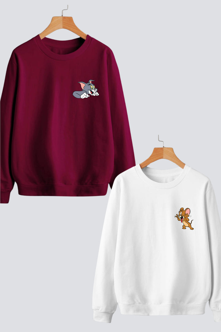 Classic Chase - Inspired by Tom & Jerry White and Maroon Unisex Sweatshirts - Pack of 2
