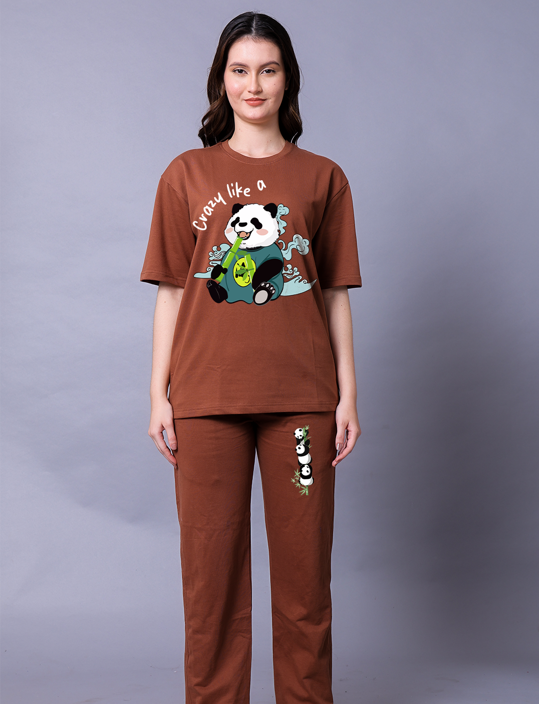 Crazy Like A Panda Women Brown Co-Ord Set - Oversized Tee With Jogger