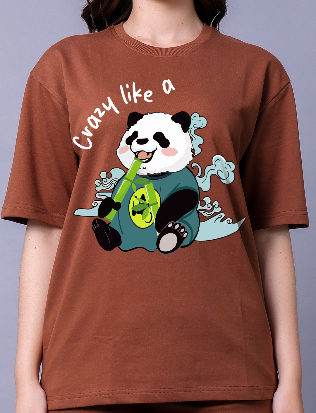 Crazy Like A Panda Women Brown Co-Ord Set - Oversized Tee With Jogger