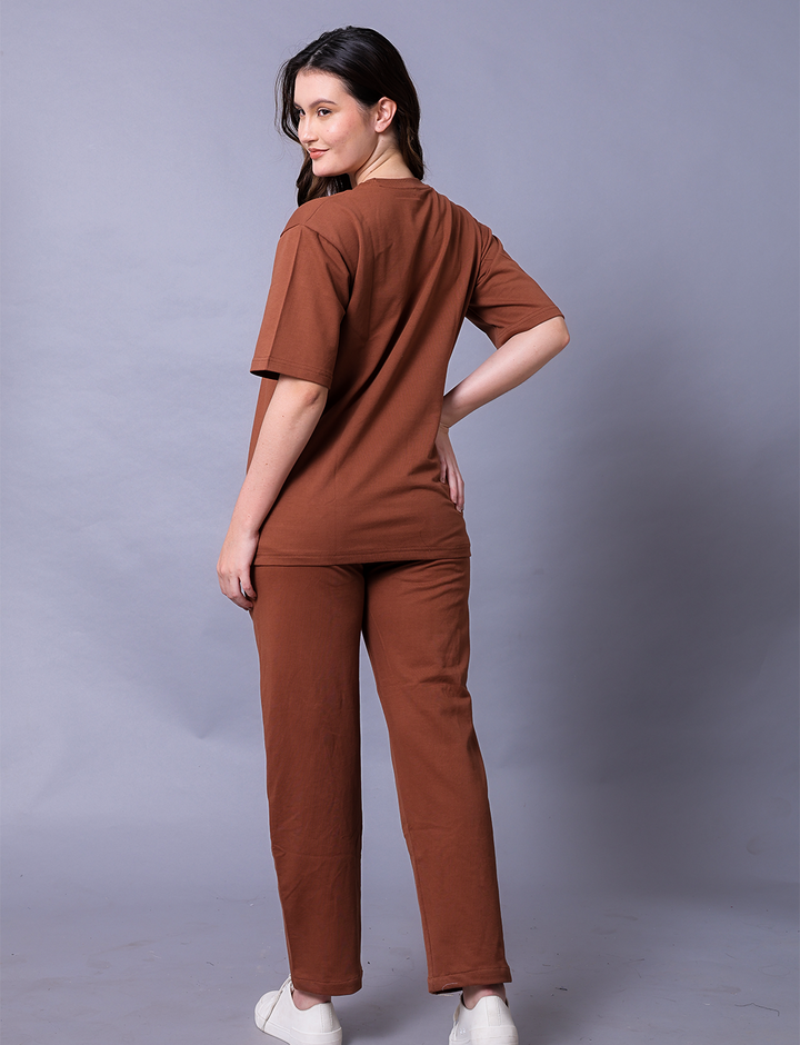 Crazy Like A Panda Women Brown Co-Ord Set - Oversized Tee With Jogger