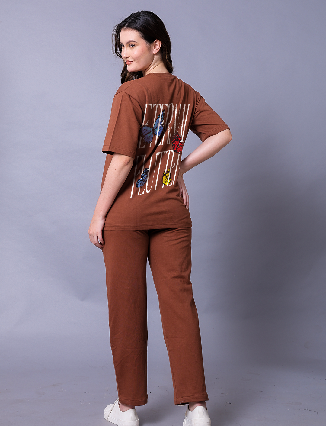 Eternal Flutter Butterfly Women Brown Co-Ord Set With Joggers