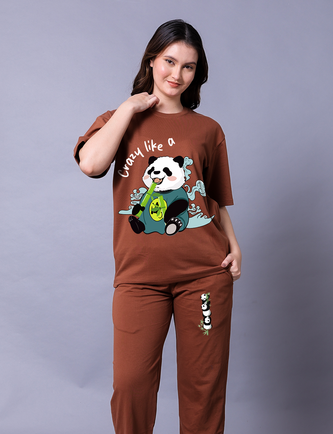 Crazy Like A Panda Women Brown Co-Ord Set - Oversized Tee With Jogger