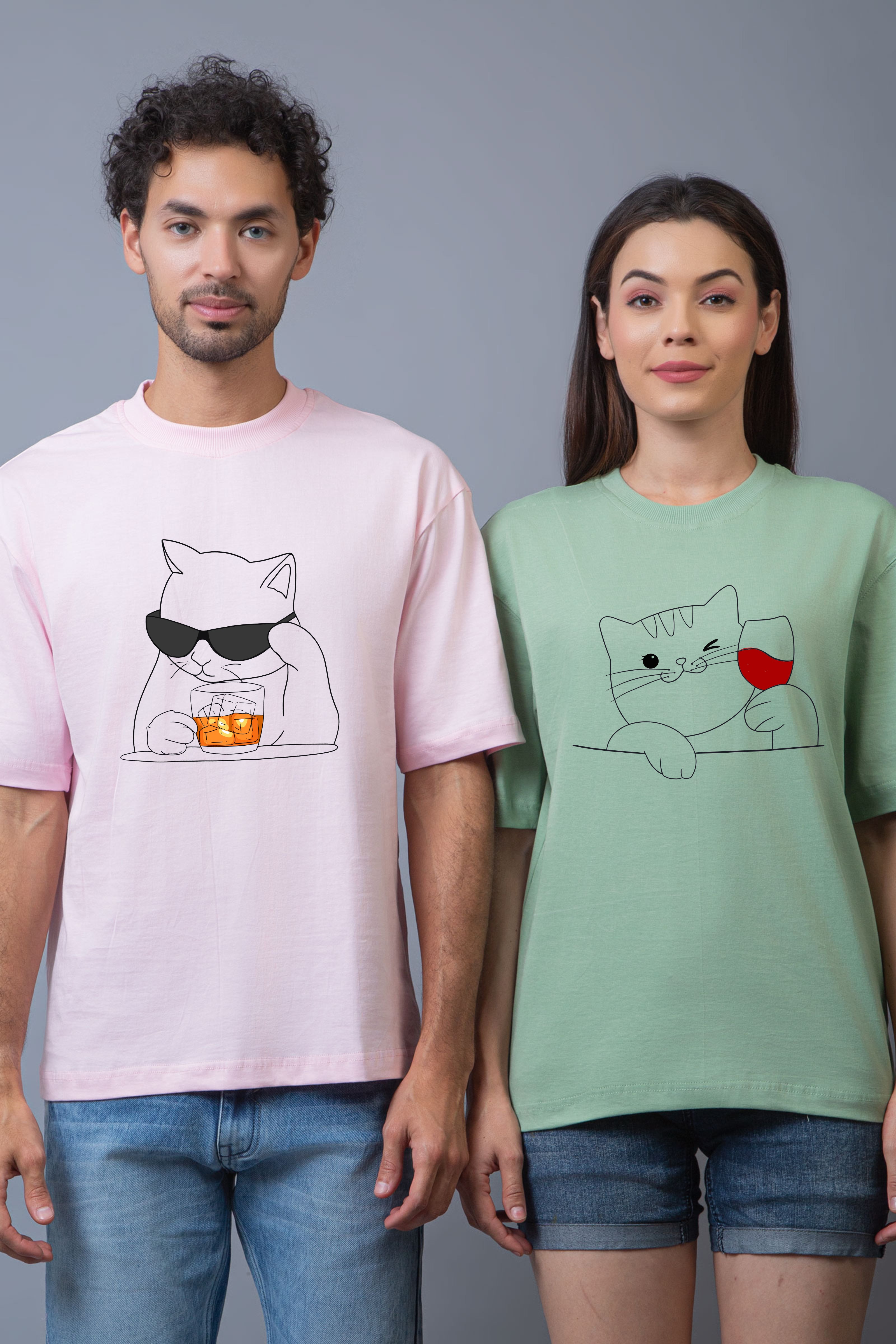 Sophisticat Sips Couple Oversized Tees - Pack of 2