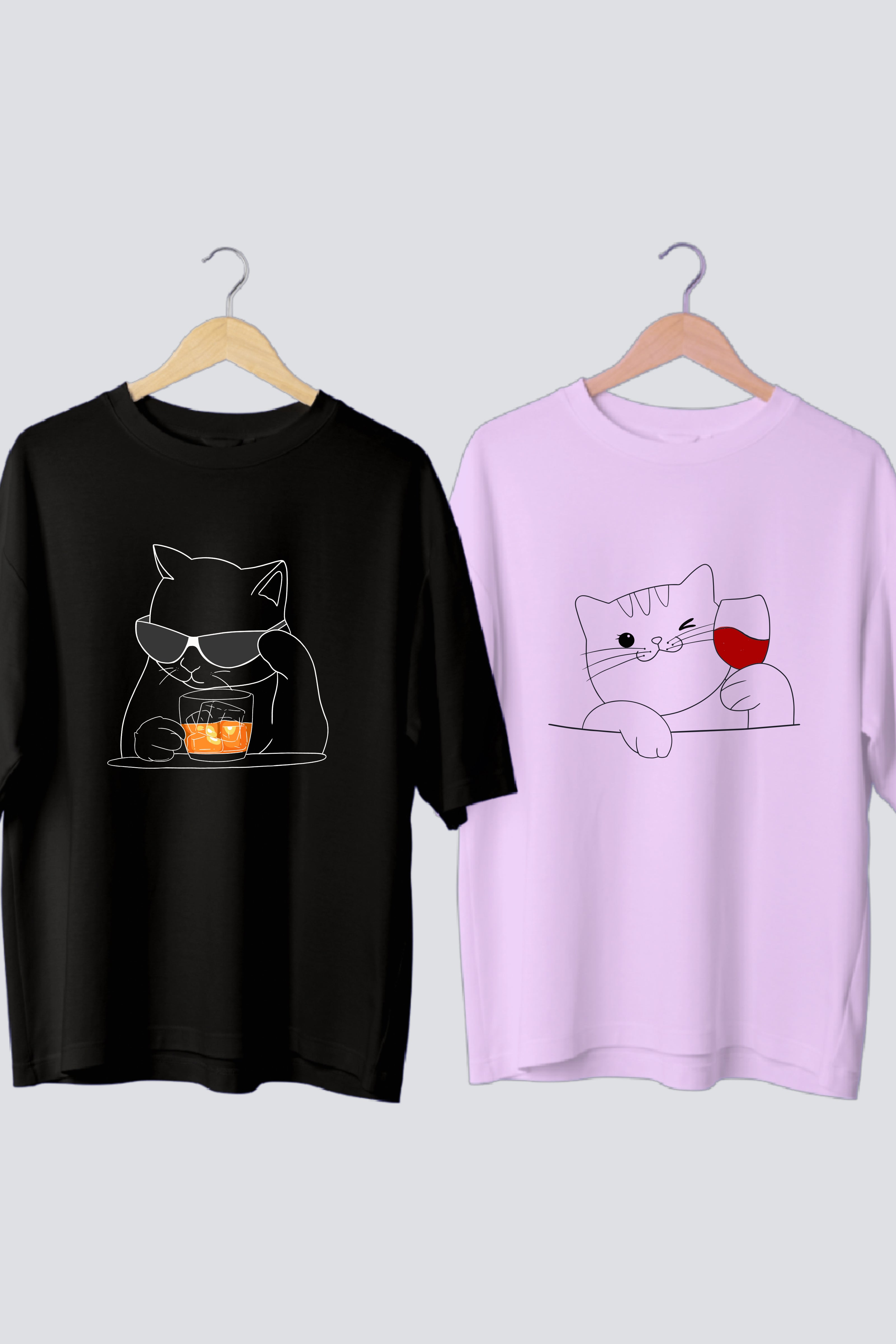 Sophisticat Sips Couple Oversized Tees - Pack of 2