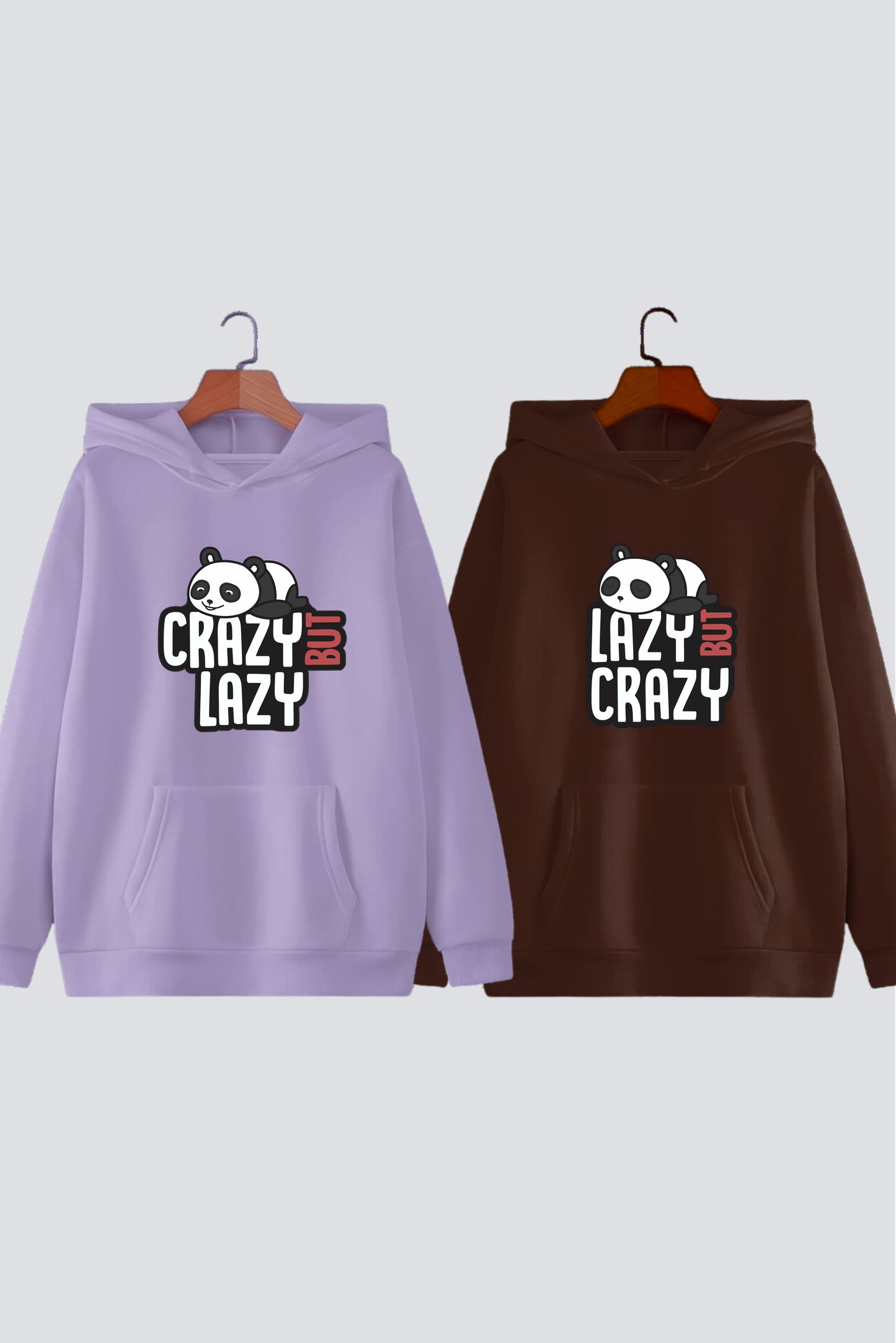 Lazy But Crazy Panda Couple Oversized Drop Shoulder Hoodies - Pack of 2