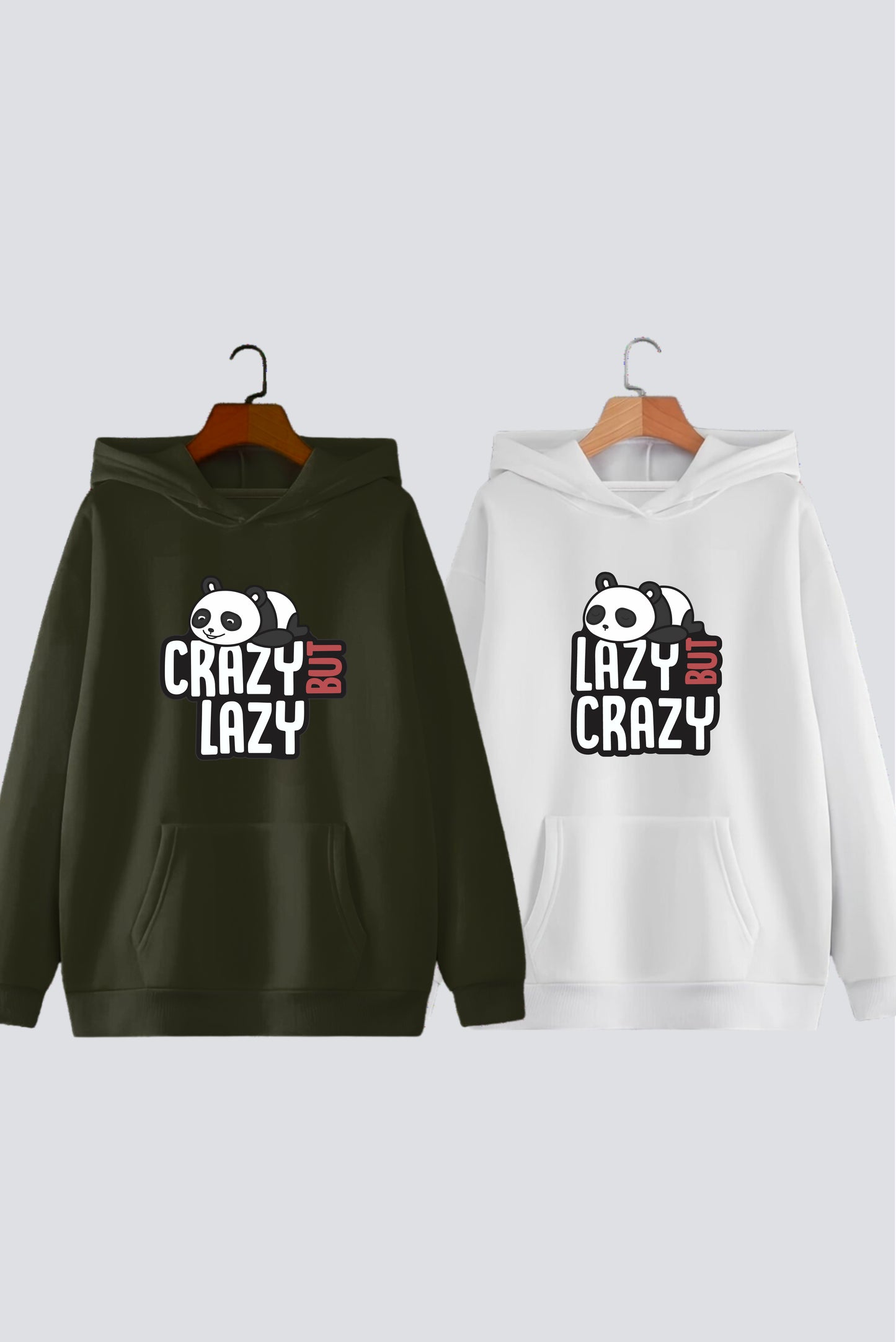 Lazy But Crazy Panda Couple Oversized Drop Shoulder Hoodies - Pack of 2