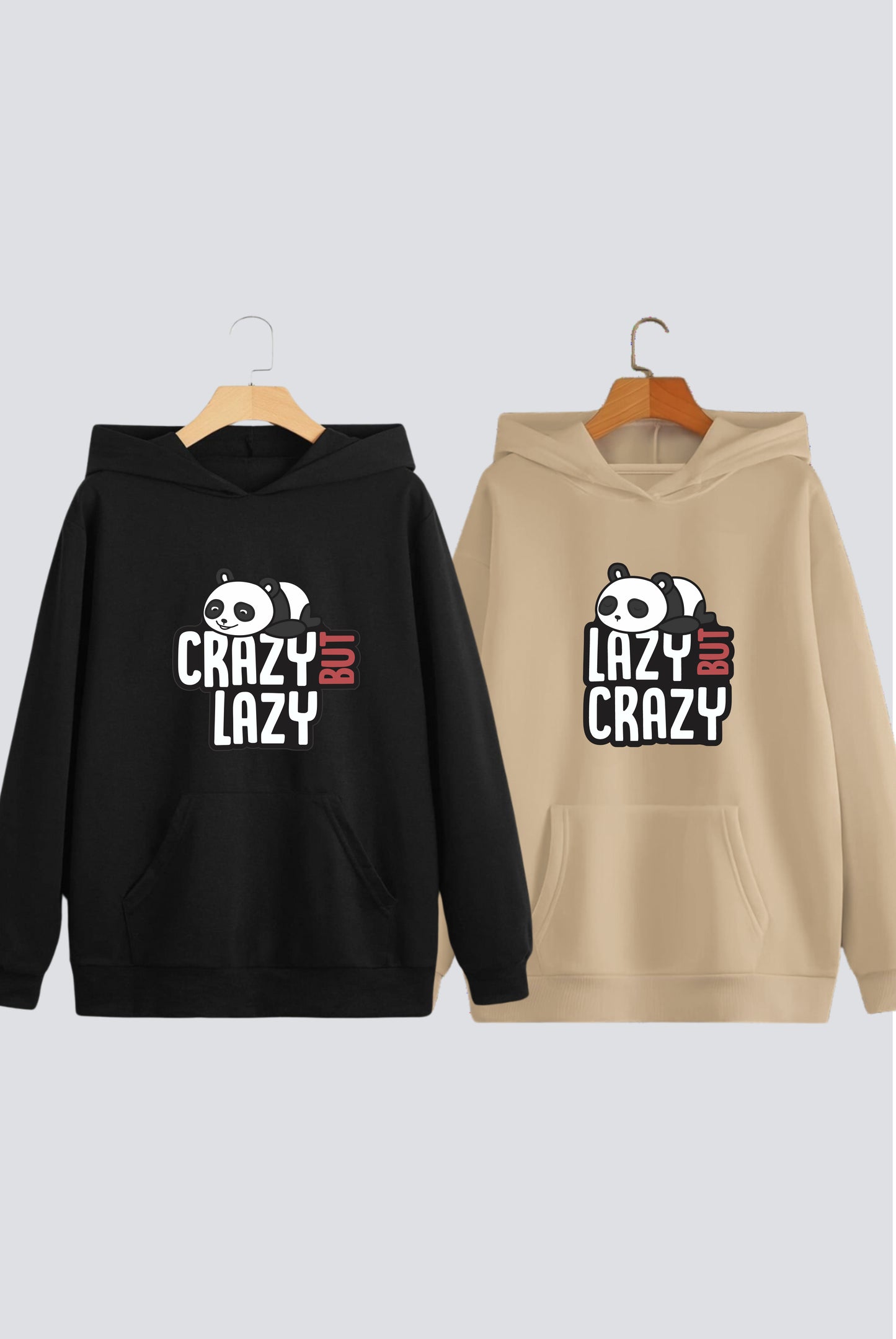 Lazy But Crazy Panda Couple Oversized Drop Shoulder Hoodies - Pack of 2