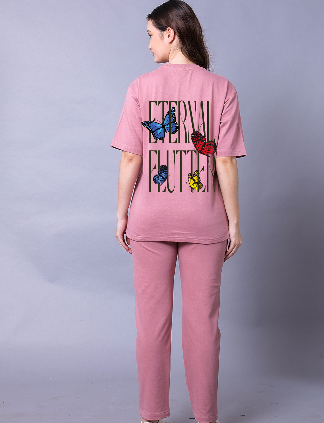 Eternal Flutter Butterfly Women Pink Co-Ord Set With Joggers