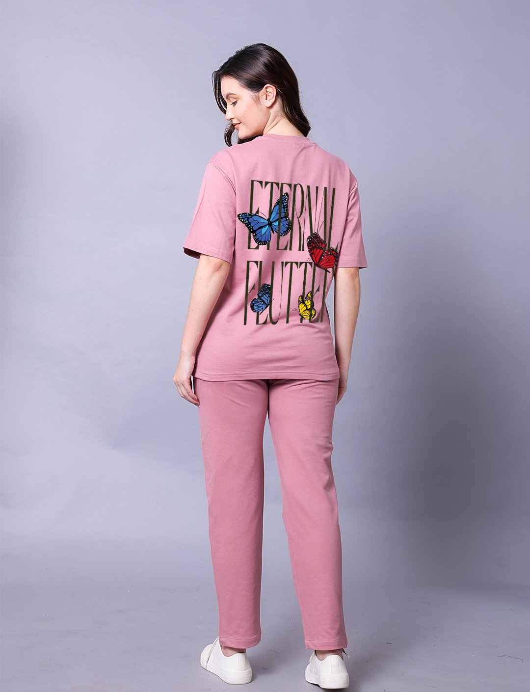 Eternal Flutter Butterfly Women Pink Co-Ord Set With Joggers
